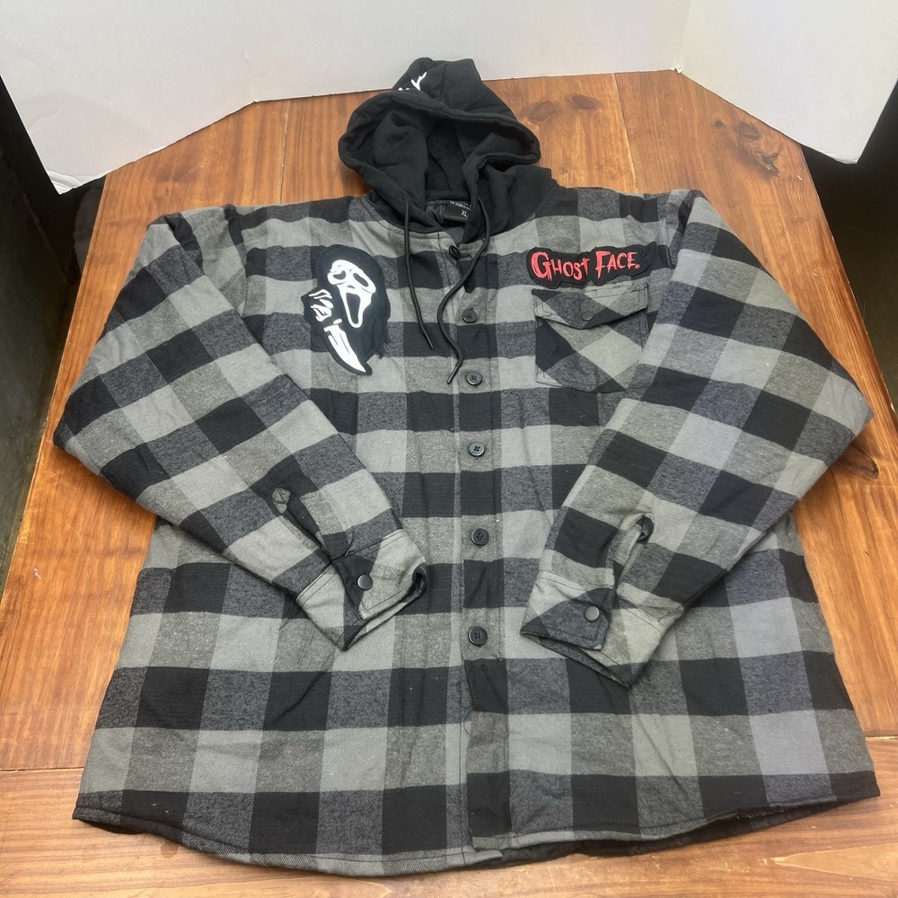 Scream Ghost Face Slasher Plaid Hooded Coat Embroidered Horror Jacket Mens XL